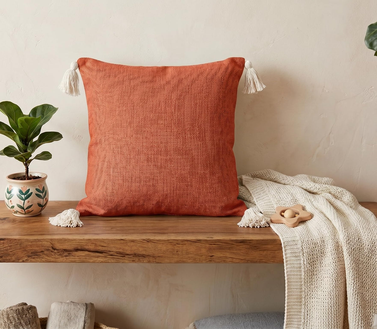 Furnistitchs Solid Boho Cushion Cover 16x16 Inches, Premium Natural Slub Fabric Throw Pillow Case with Tassels for Sofa, Couch, Living Room & Bedroom 40x40 cms, 2 pc - Terracotta