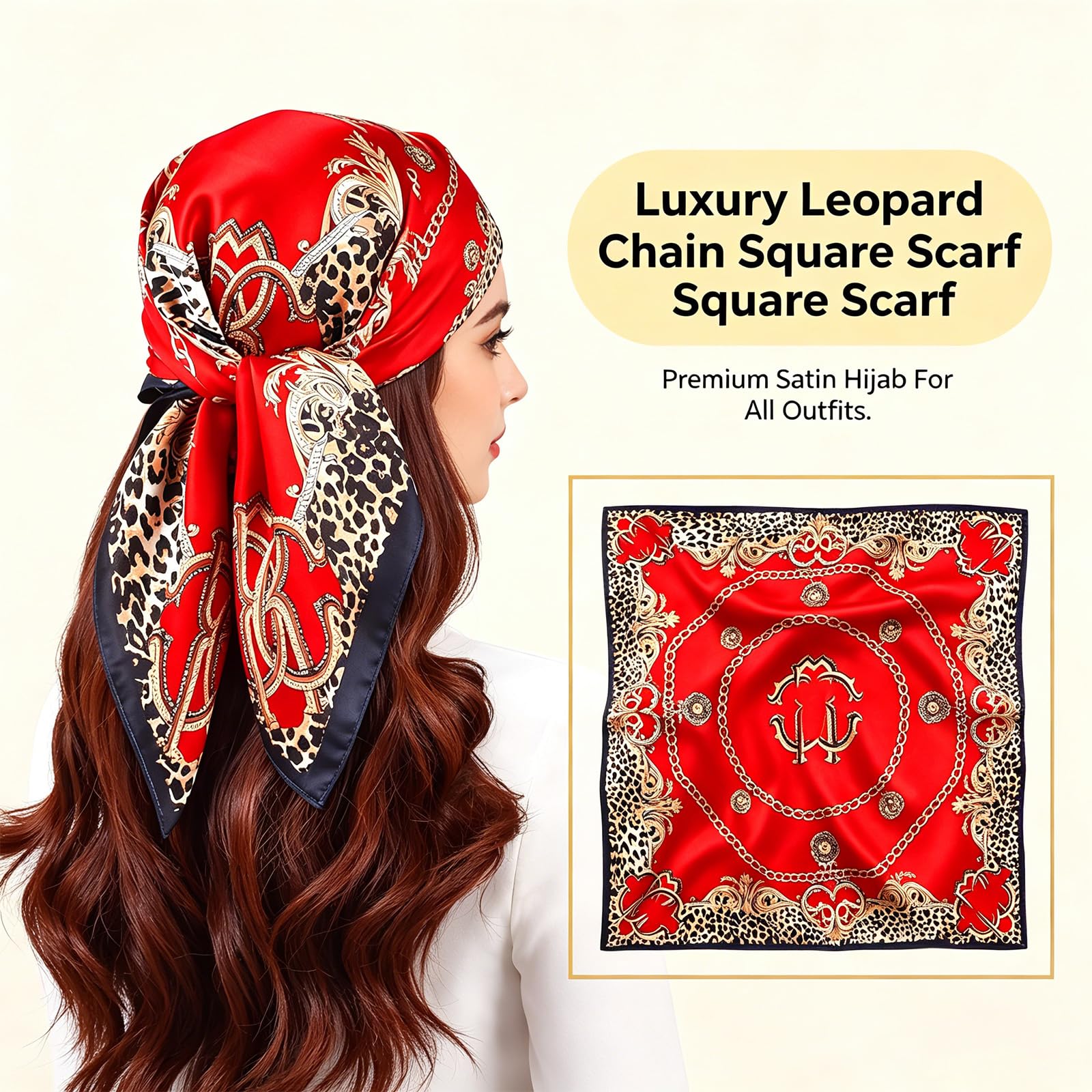 FVALIRD Silk-Like Scarf for Women Stylish - 27.56in Satin Head Scarf, Red Leopard Print Neckerchief, Hair Scarf for Women & Bag Accessory