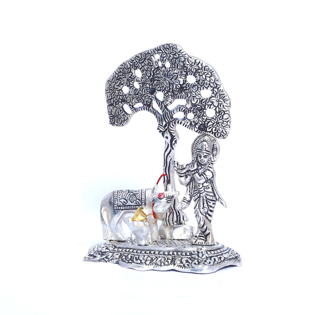 Prince Home Decor & Gifts Aluminum Metal Silver Plating Krishna with Cow Standing Under Tree playing Flute Statue (Silver, 12 x 8 x 17 cm)