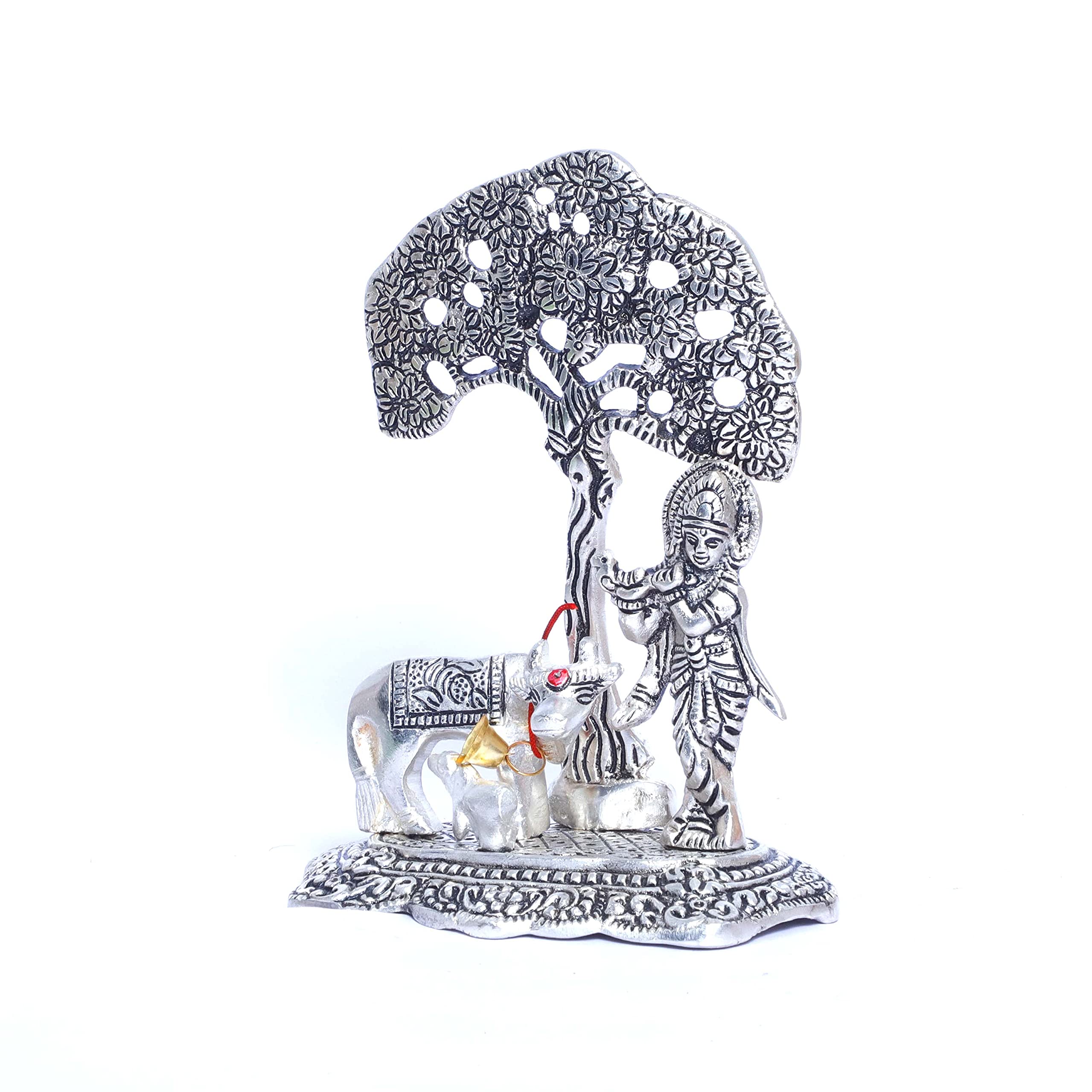Prince Home Decor & Gifts Aluminum Metal Silver Plating Krishna with Cow Standing Under Tree playing Flute Statue (Silver, 12 x 8 x 17 cm)