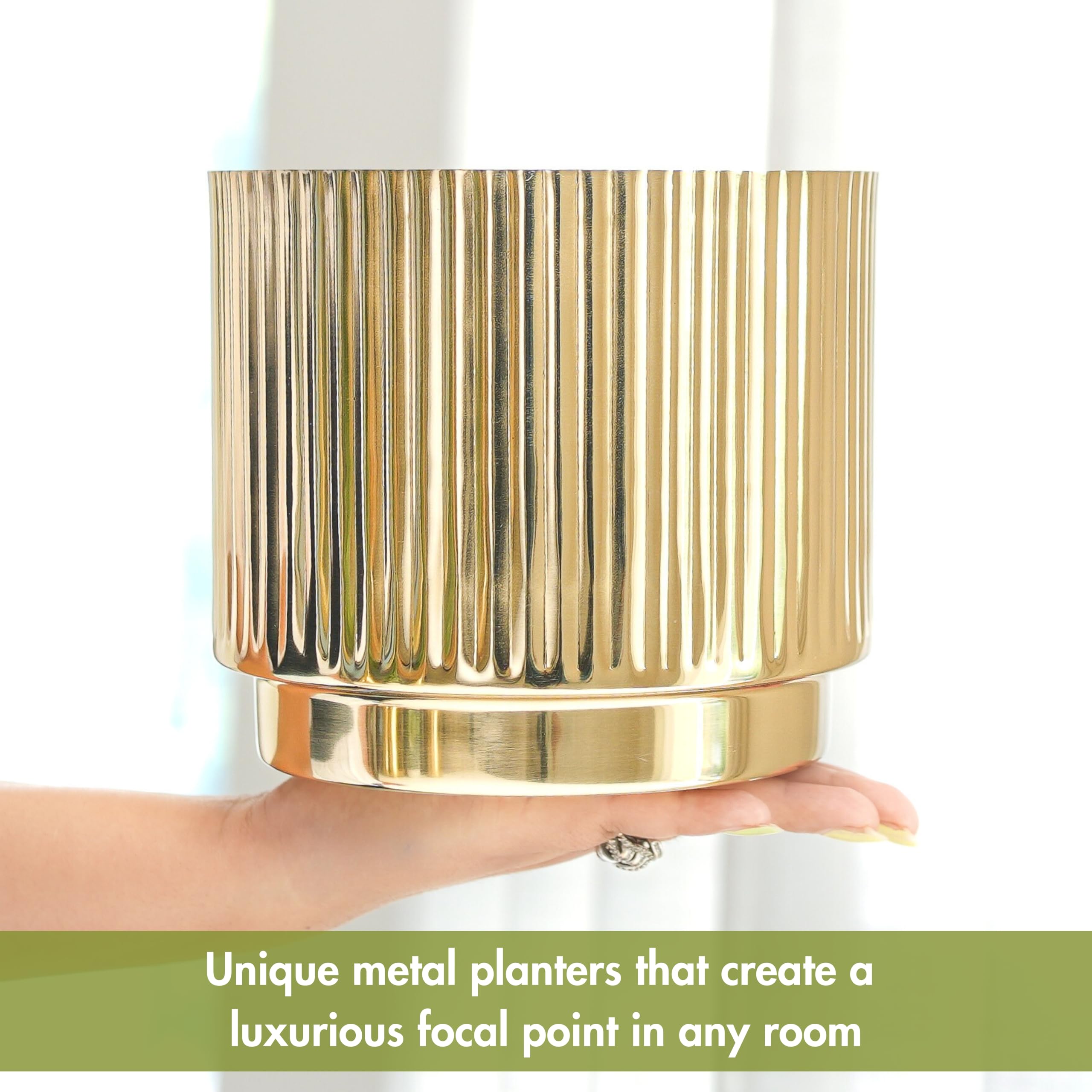 BEHOMA Fluted Metal Indoor Planters with Stands, Golden - Set of 2