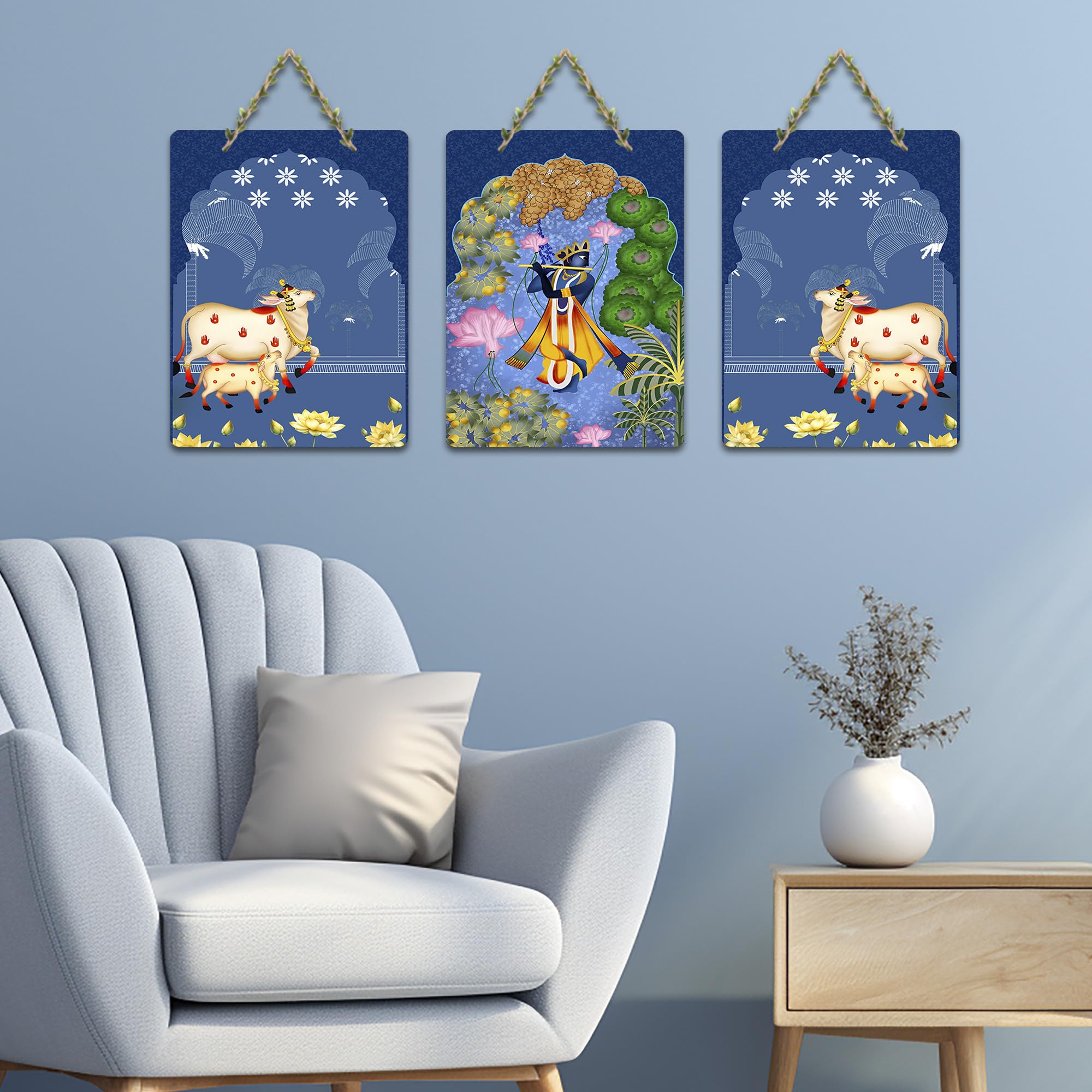 Artvibes Sacred Cow And Shri Krishna Religious Wall And Door Hanging for Home | Spiritual Decor Items | Wall Illustrations | Artwork| Stylish Modern Decor Item | Gift Items (WH_9660N), Set of 3