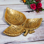 KridayKraft Hand Crafted Metal 3 Part Leaf Shape Tray Perfect for Home Centre Table Serving Dry Fruits (Golden, Pack of 1)