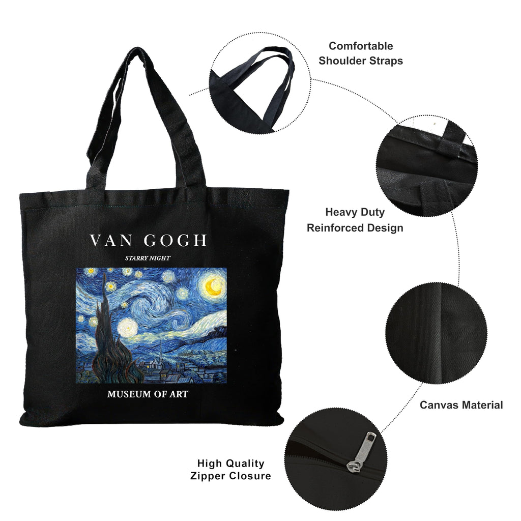 Darkbuck Canvas Tote Bag For Women & Men Shoulder Unisex Zipper Lock Black Totebag - The Starry Night