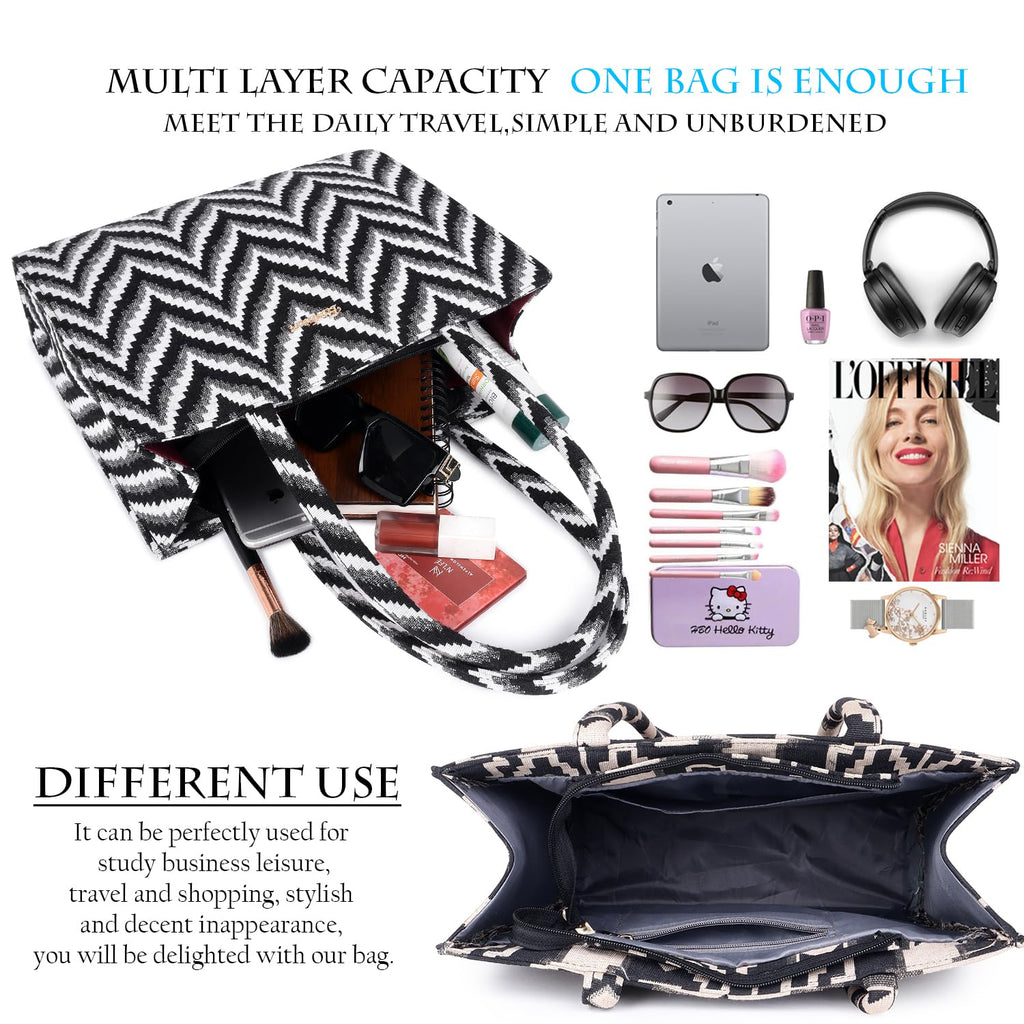 Lady Quinton Women Stylish Jute Tote Bag For Office and Laptop, Shopping Shoulder Bag, Shoppers Tote Handbags Lightweight Waterpoof Big Size, Grocery Bag, Eco Friendly Bags For Shopping(Black & White)