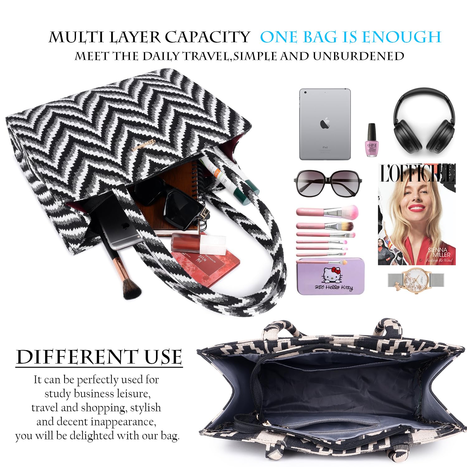 Lady Quinton Women Stylish Jute Tote Bag For Office and Laptop, Shopping Shoulder Bag, Shoppers Tote Handbags Lightweight Waterpoof Big Size, Grocery Bag, Eco Friendly Bags For Shopping(Black & White)