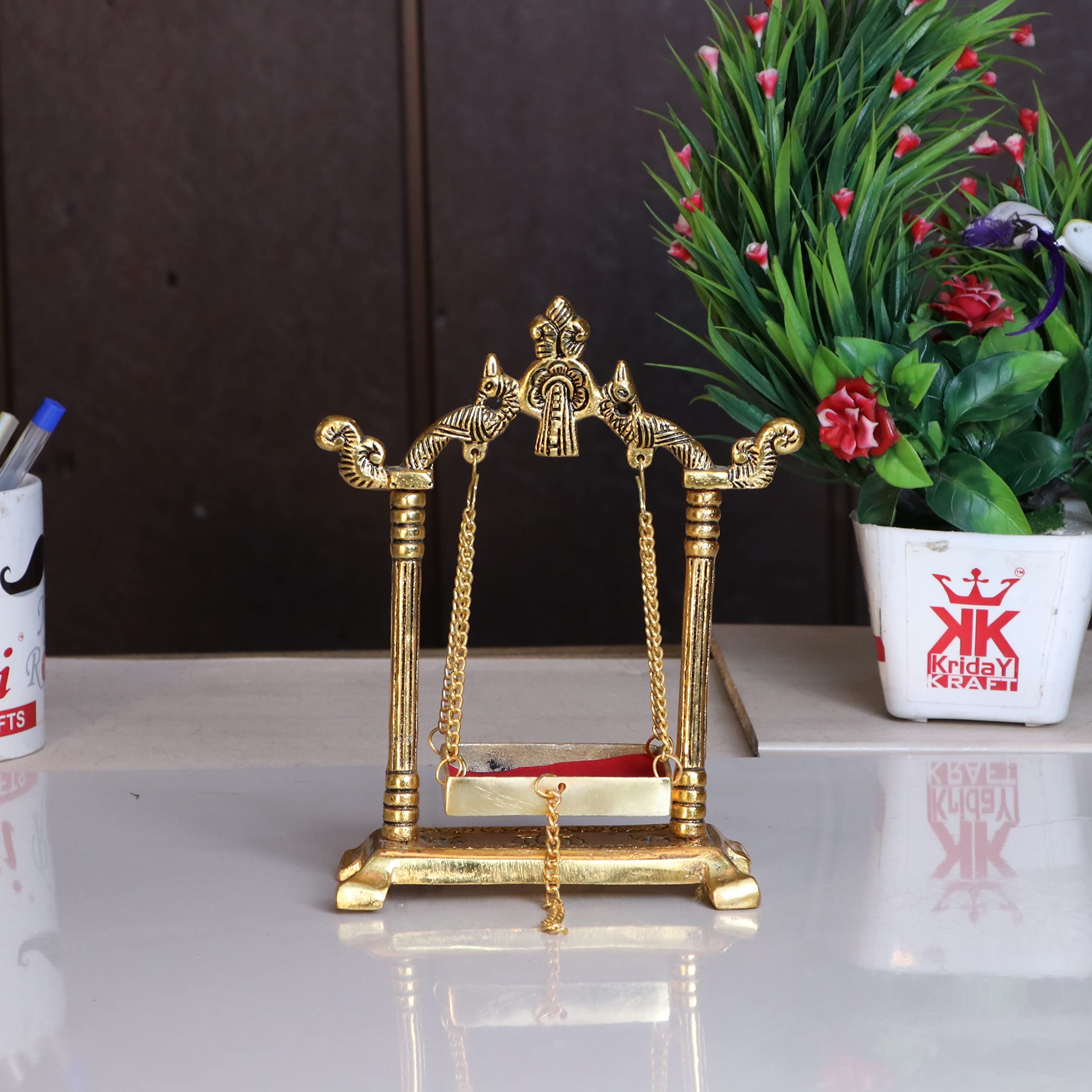 KridayKraft Laddu Gopal Jhulla Palana Metal Gold Plated for Your kanha Metal Krishna jhulla palna Religious Gift Article.