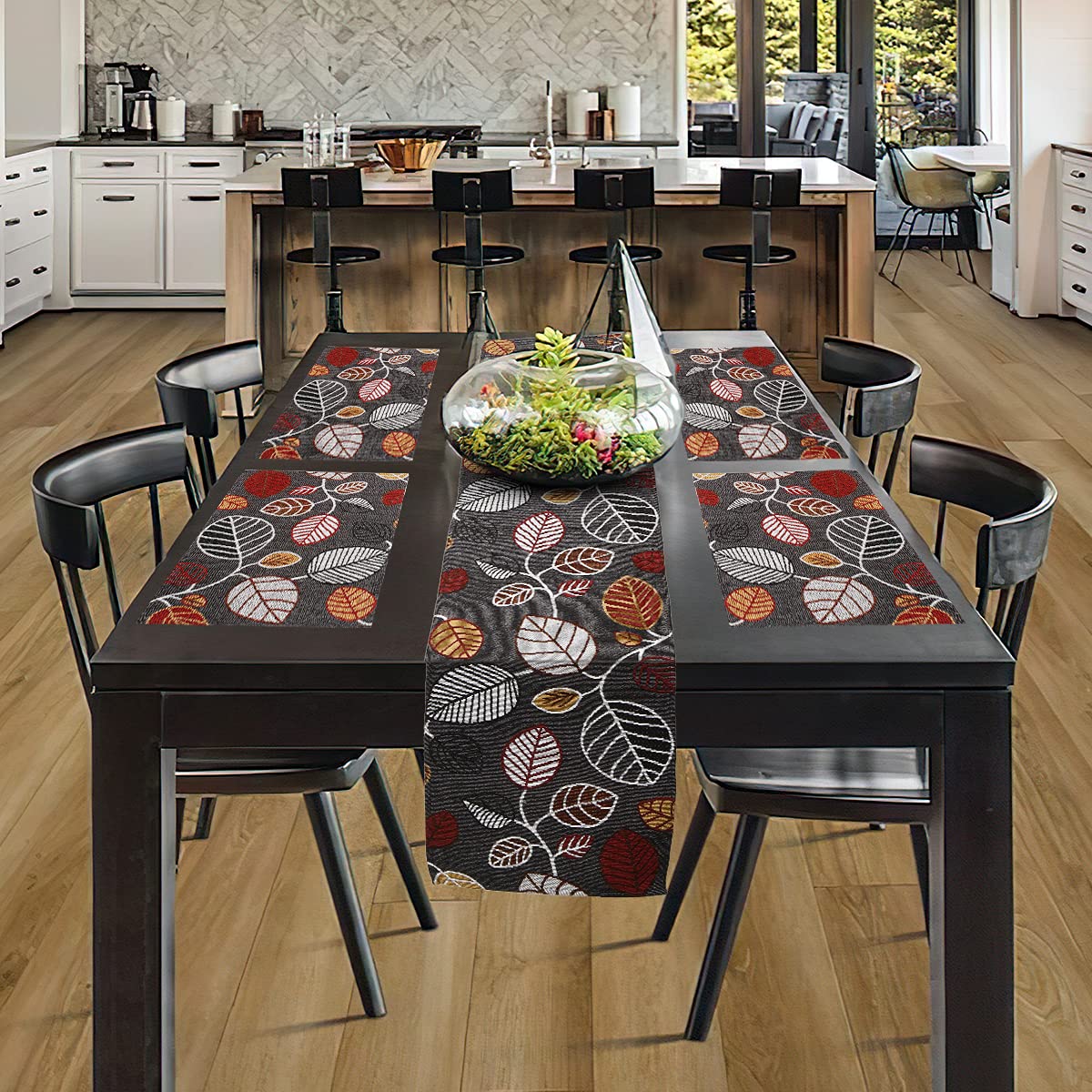 PRAKARTIK BY INDUARTS Black Leaves Eco-Friendly Cotton Dining Table Mats with Runner – Reusable, Machine Washable, Everyday Use Black Rectangular Placemats, Set of 4+180 cm Runner Kafalo