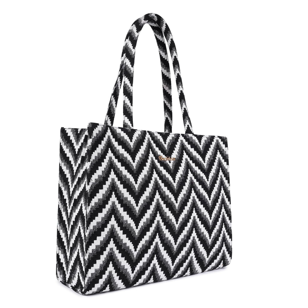 Lady Quinton Women Stylish Jute Tote Bag For Office and Laptop, Shopping Shoulder Bag, Shoppers Tote Handbags Lightweight Waterpoof Big Size, Grocery Bag, Eco Friendly Bags For Shopping(Black & White)