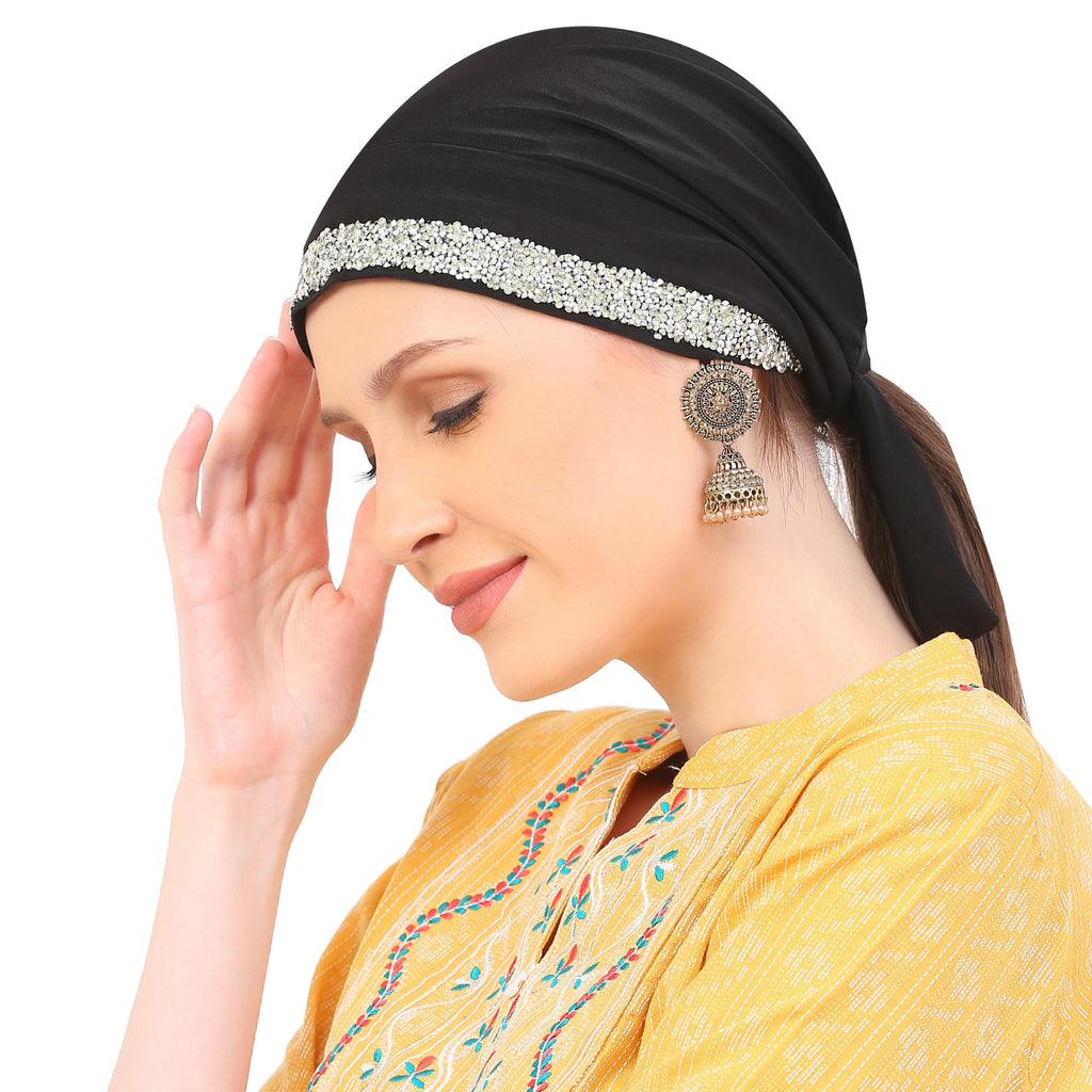 Women's Black Diamond Lace Cap Head Scarf with Silver Embellishments