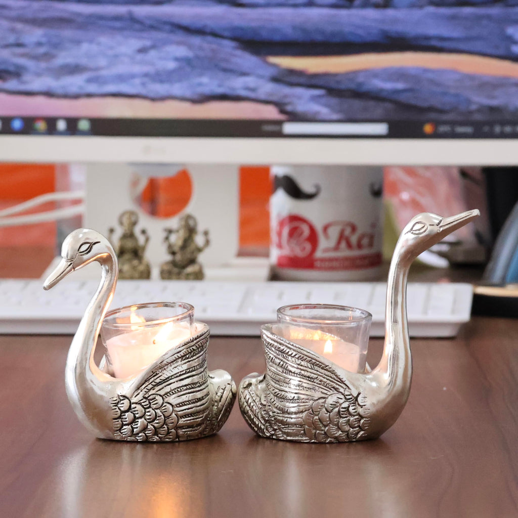 KridayKraft Aluminium Pair of Swans for Good Luck and Love | Candle Holder for Home Decor Tabletop | Showpiece for Gifting Anniversary Valentine's Day (Votive Candle Holders)