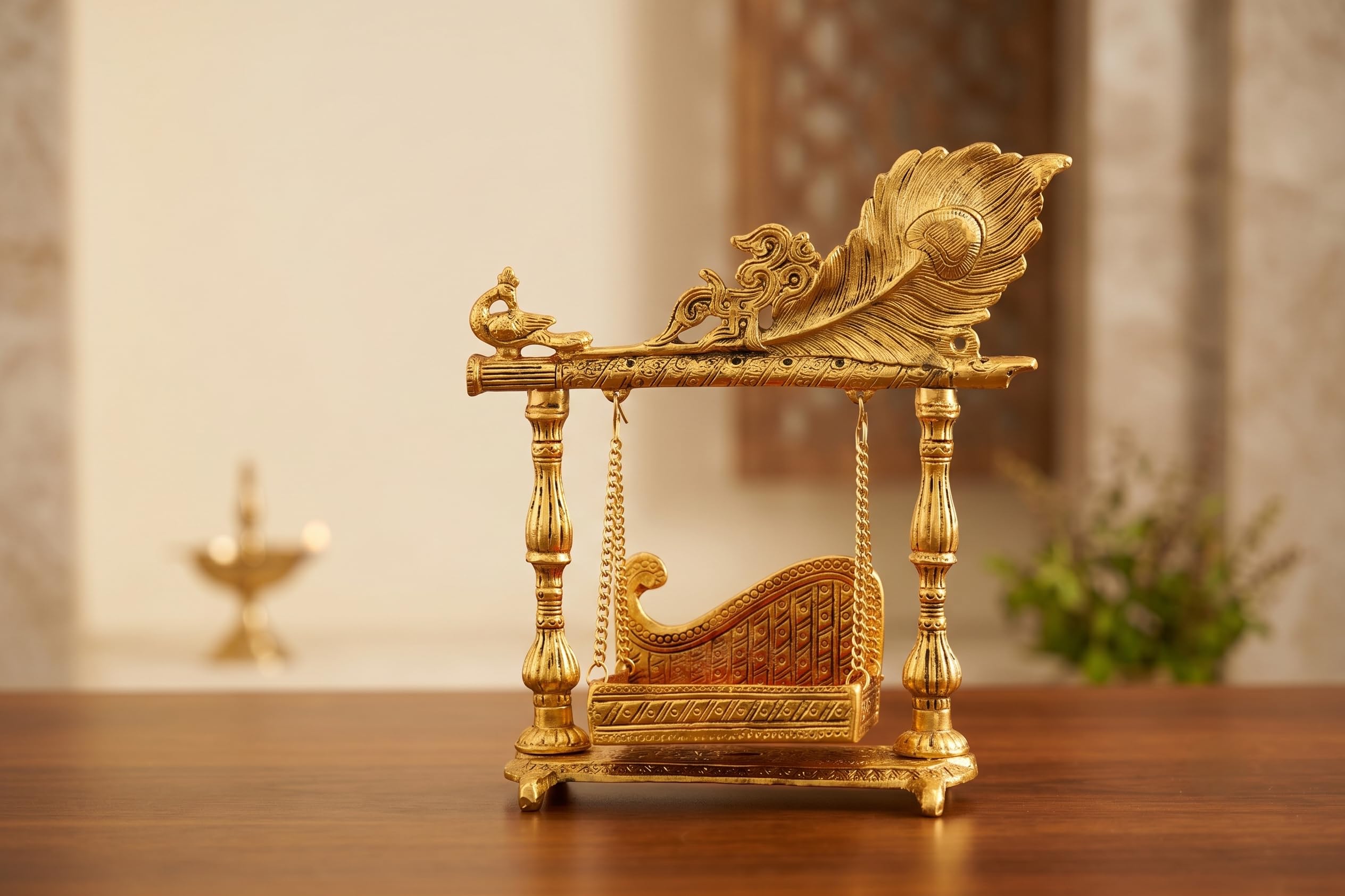 KridayKraft Aluminium Pankhi Jhula for Laddu Gopal | Gold Plated Krishna Palna for Home Mandir & Temple Decor | Religious Showpiece.