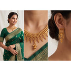 JFL - Jewellery for Less Traditional One Gram Gold Plated Necklace Set for Women | Design Handmade Mesh Pattern Necklace with Matching Drop Earrings | Ethnic Wedding, Bridal & Festive Jewellery