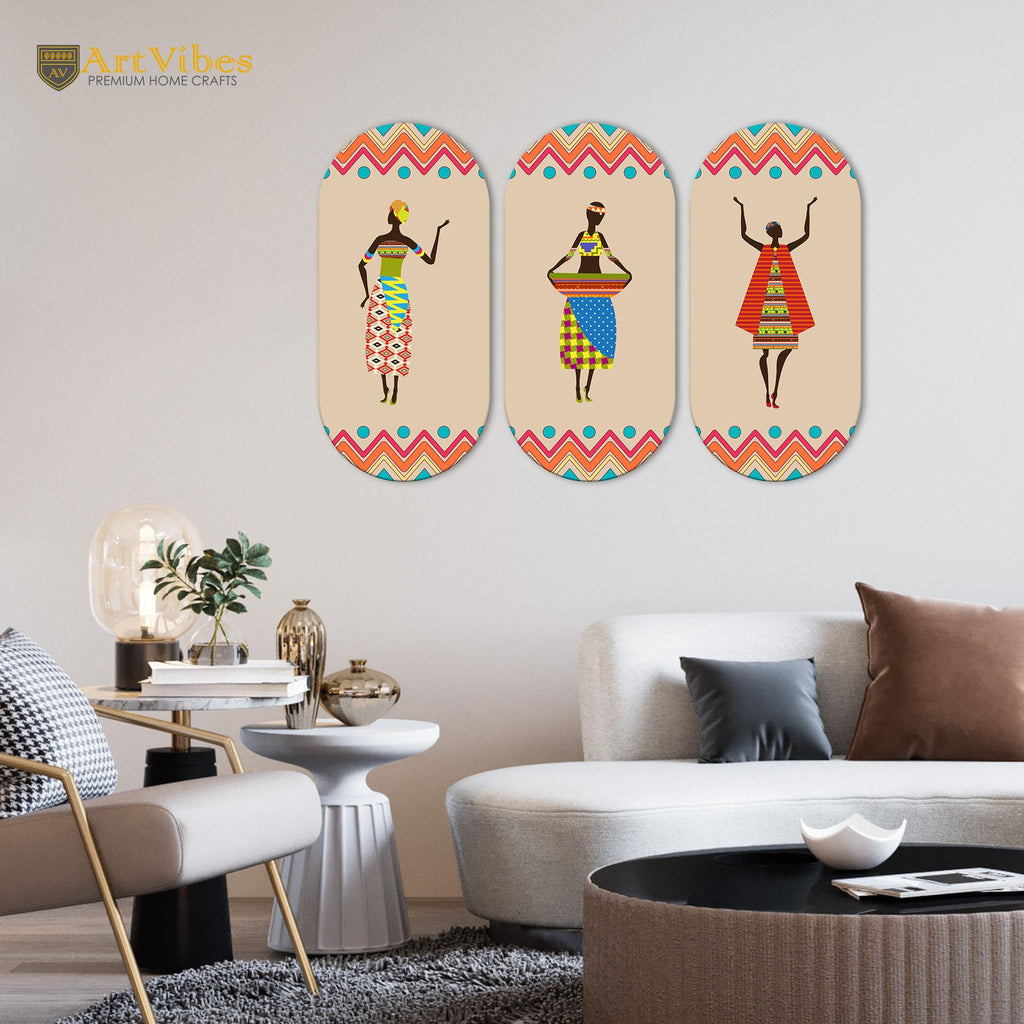 Artvibes African Women Dancing Warli Art Wooden Wall Hanger for Home | Office | Living Room | Gift | Modern Decoration Items | Kitchen Wall Decor | Artworks (WH_9011N), Set of 3