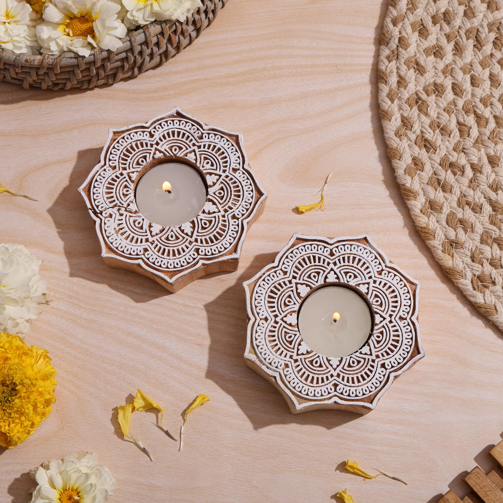 Goyoham Wooden Candle Holders, Pack of 2, Floral Mandala Pattern