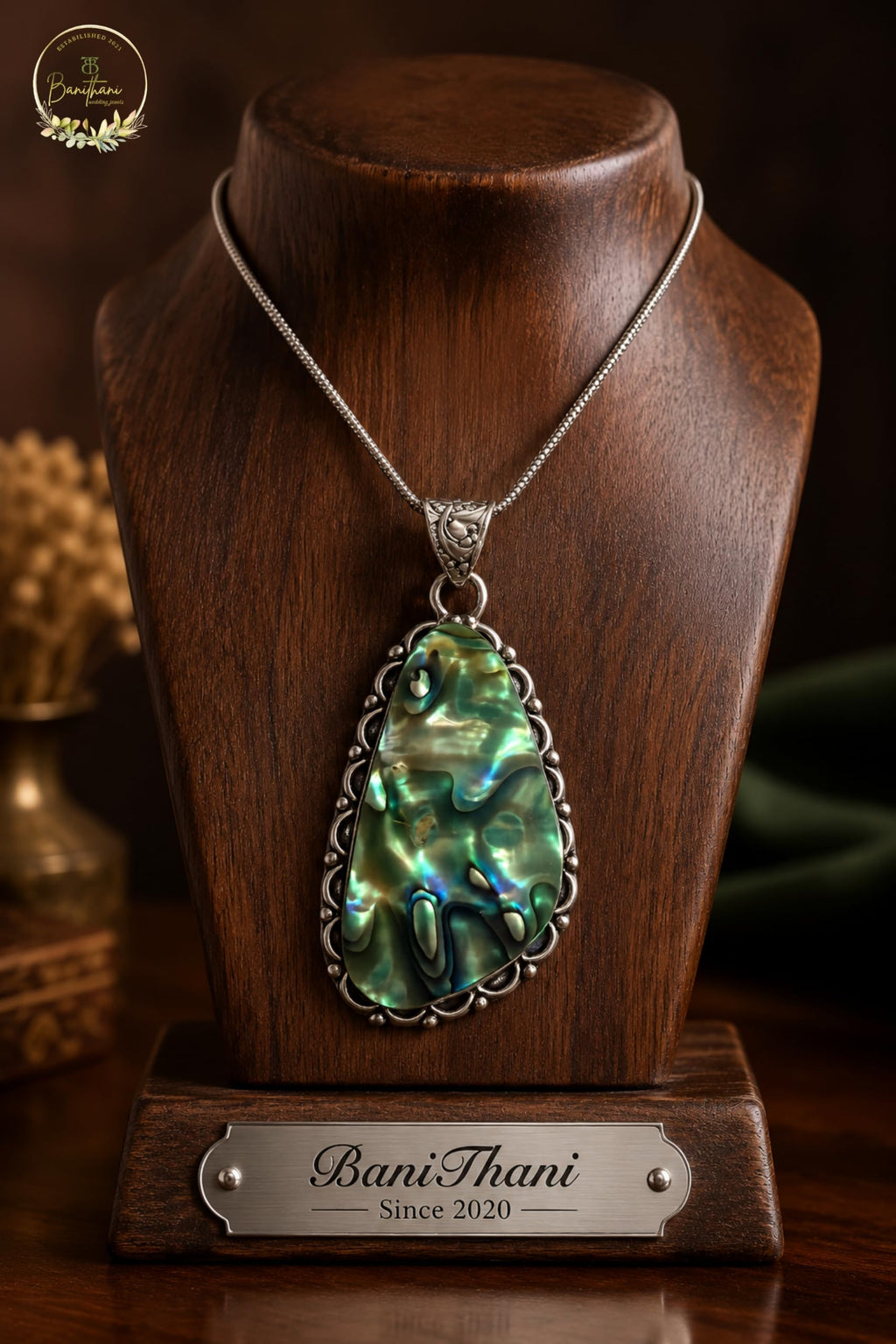 BANITHANI Natural Stone Pendant Necklace for Women | German Silver Chain Necklace | Handmade Artisan Jewelry | Premium Fashion Pendant | Daily Wear, Party, Traditional & Casual Gift (Natural Abalone)