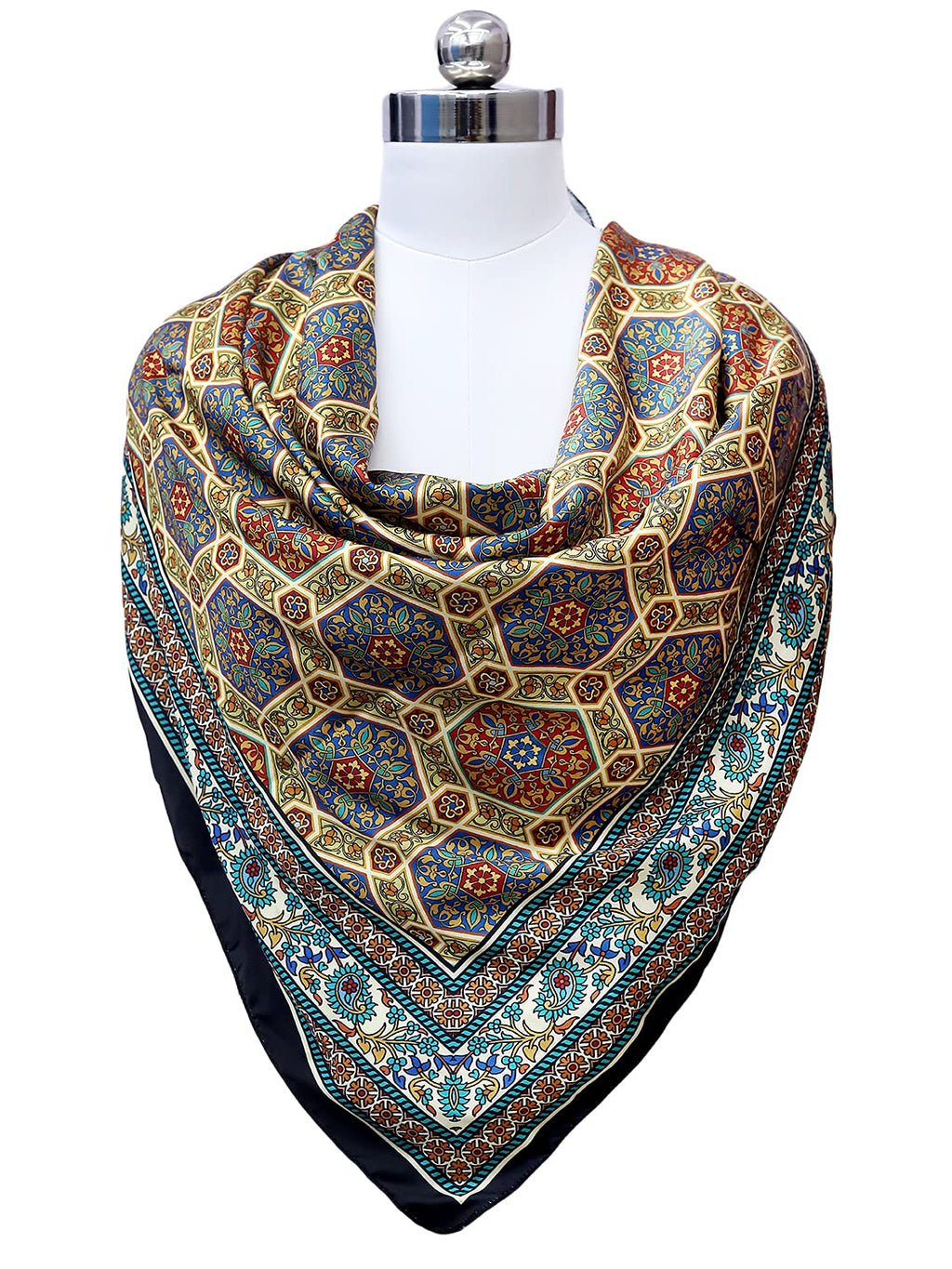 leeza store Women's Golden Yellow Silk Scarf For Women | 40x40 Inch Digital Printed Persian Mughal Hexagon Pattern | Soft & Elegant Square Wrap | Stylish Head, Neck & Hair Scarf