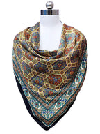 leeza store Women's Golden Yellow Silk Scarf For Women | 40x40 Inch Digital Printed Persian Mughal Hexagon Pattern | Soft & Elegant Square Wrap | Stylish Head, Neck & Hair Scarf