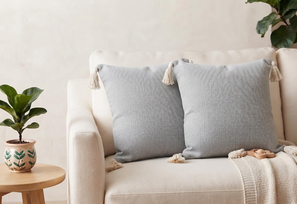Furnistitchs Solid Boho Cushion Cover 16x16 Inches, Premium Natural Slub Fabric Throw Pillow Case with Tassels for Sofa, Couch, Living Room & Bedroom 40x40 cms, 1 pc - Ethereal Blue