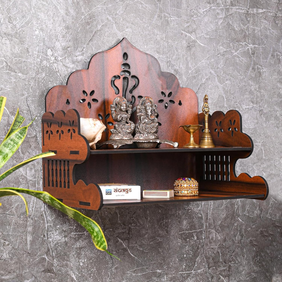 FLYUP Wooden Mandir for Home Pooja | Wall & Tabletop Temple with Ganesh Cutout | Solid Wood Finish Home Temple with Storage Shelf (Ganesh)