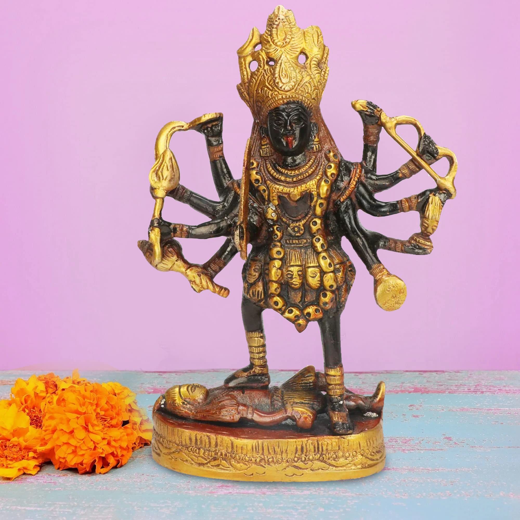 ARTVARKO Pure Brass Maa Kali Murti with Shiva Idol 7.5 Inches | Handcrafted Mahakali Adi Shakti Statue for Home Temple, Mandir & Puja | Religious Brass Sculpture for Spiritual Décor & Gifting