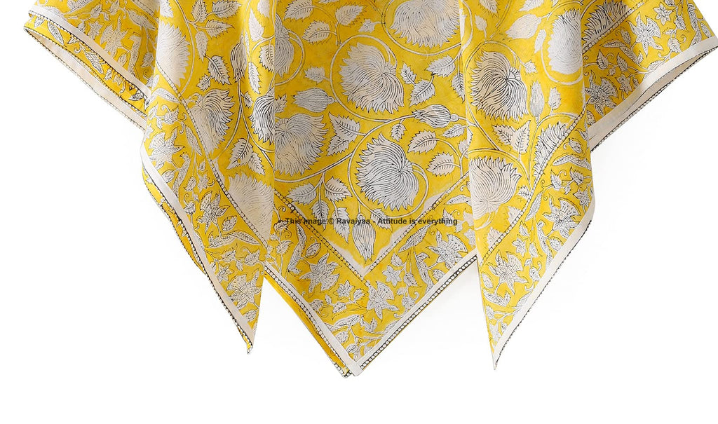 Ravaiyaa - Attitude is everything Sanganer Hand Block Printed Scarves Pure Cotton Scarf Square Hijab Dupatta 40 X 40 Inch (Yellow Lotus Floral)