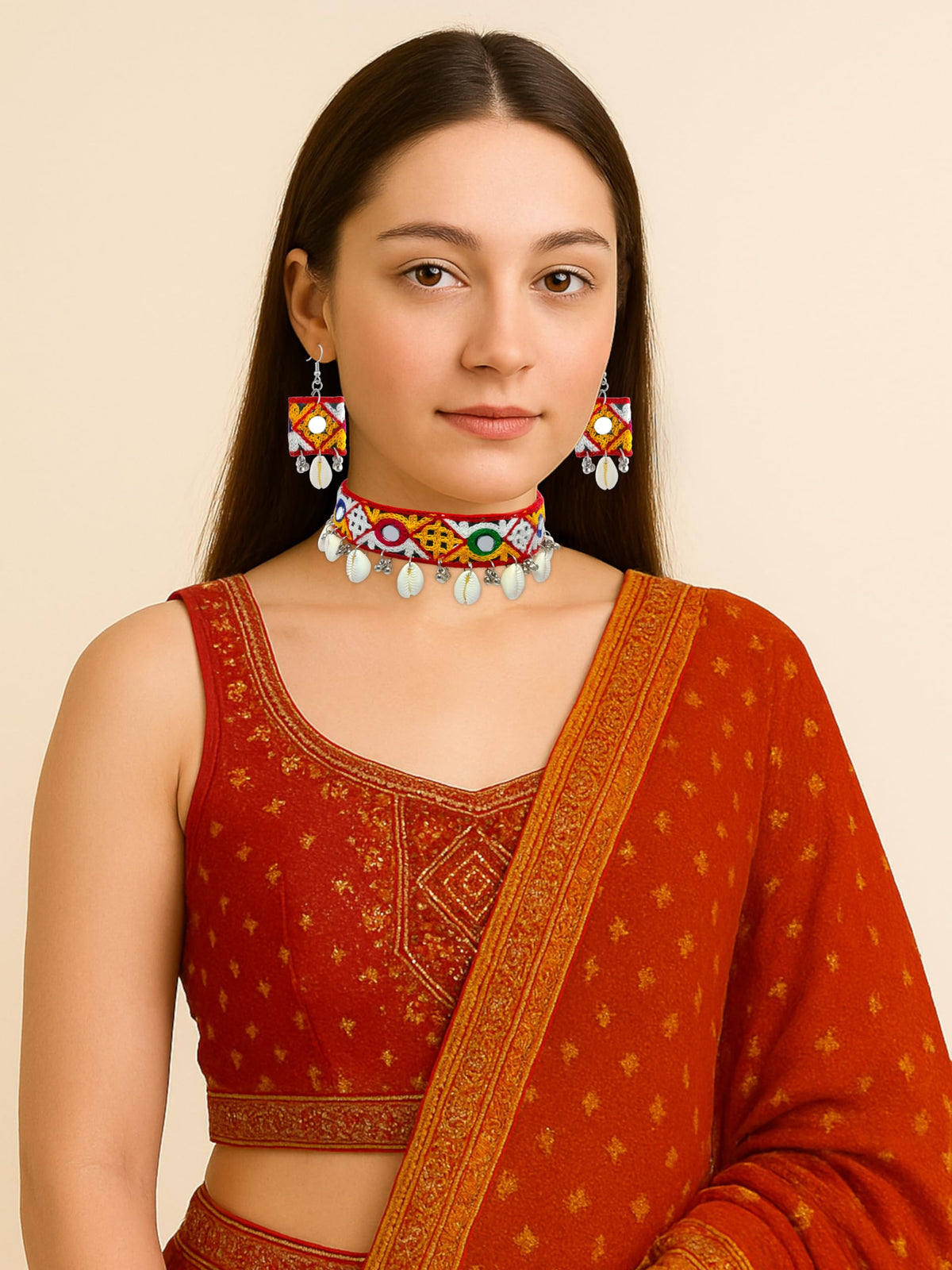 Handmade Fabric Necklace Jewellery for Navratri Garba and Dandiya Fabric Cowrie Earrings Multi Design & Color Sea Shell Charm Earrings Boho Beach Jewellery Bohemian Ethnic Festive for Women and Girls