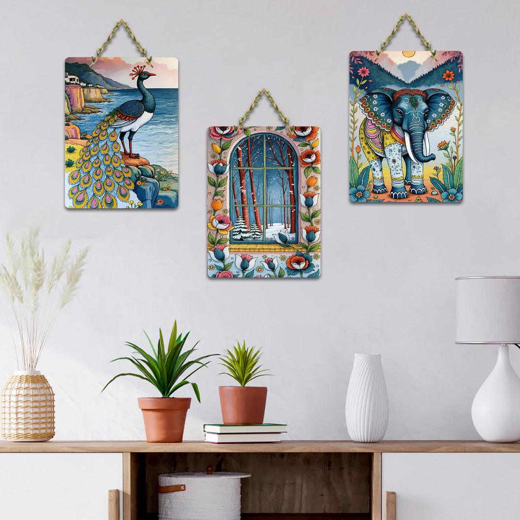 Artvibes Elegant Elephant Floral Window & Gorgeous Peacock Modern Art Decorative Wall Art MDF Wooden Wall Hanger for Home | Home Decor | Wall Accent | Wall Poster | Ideal Gifts (WH_9648N), Set of 3