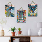 Artvibes Elegant Elephant Floral Window & Gorgeous Peacock Modern Art Decorative Wall Art MDF Wooden Wall Hanger for Home | Home Decor | Wall Accent | Wall Poster | Ideal Gifts (WH_9648N), Set of 3