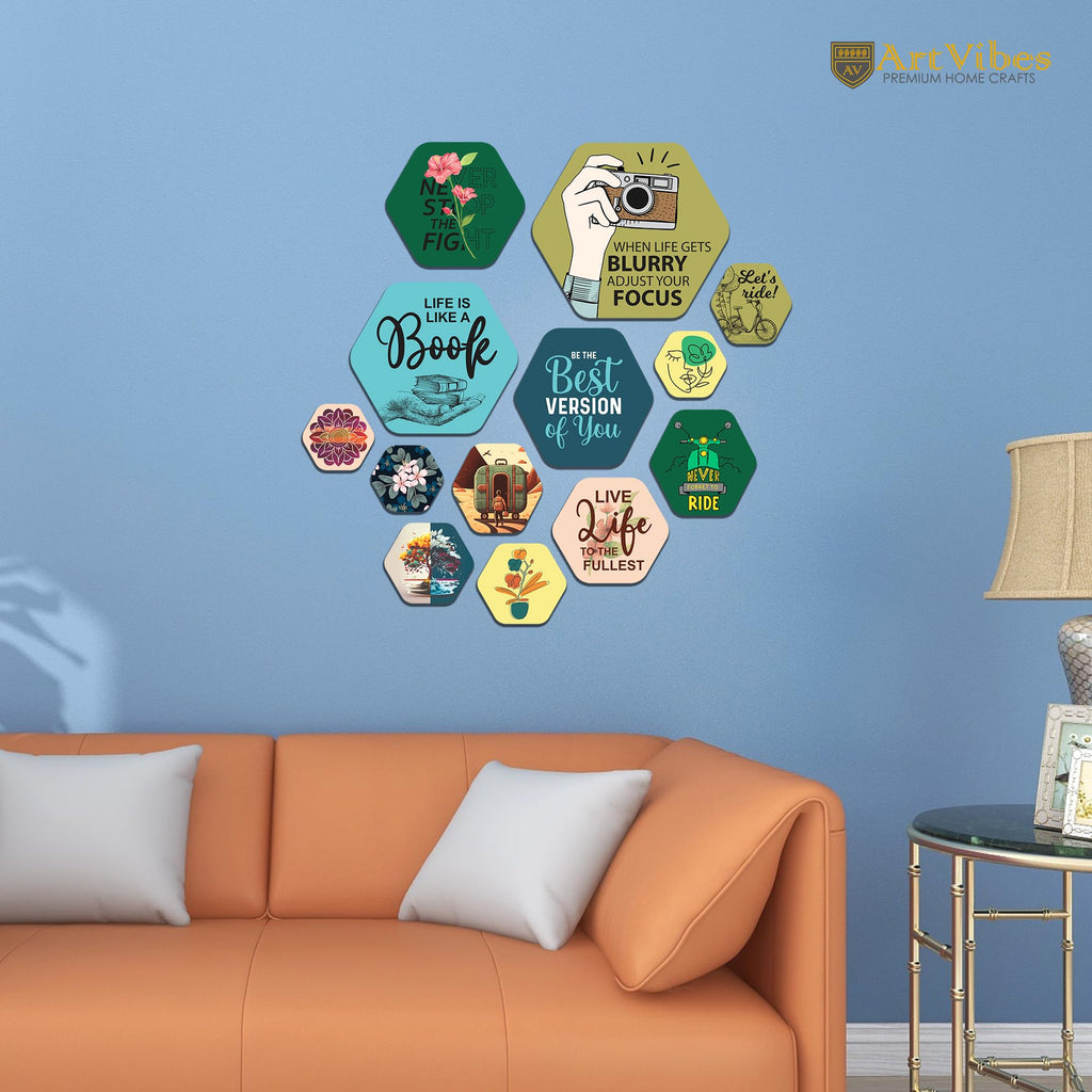 Artvibes Life is Like a Book Decorative Hexagon Shape MDF Wooden Wall Hanging | Quotes Decor Item | Wall Accent | Office Decor | Inspirational Quotes Wall Art | Wall Decoration (WPS_210N), Set of 13