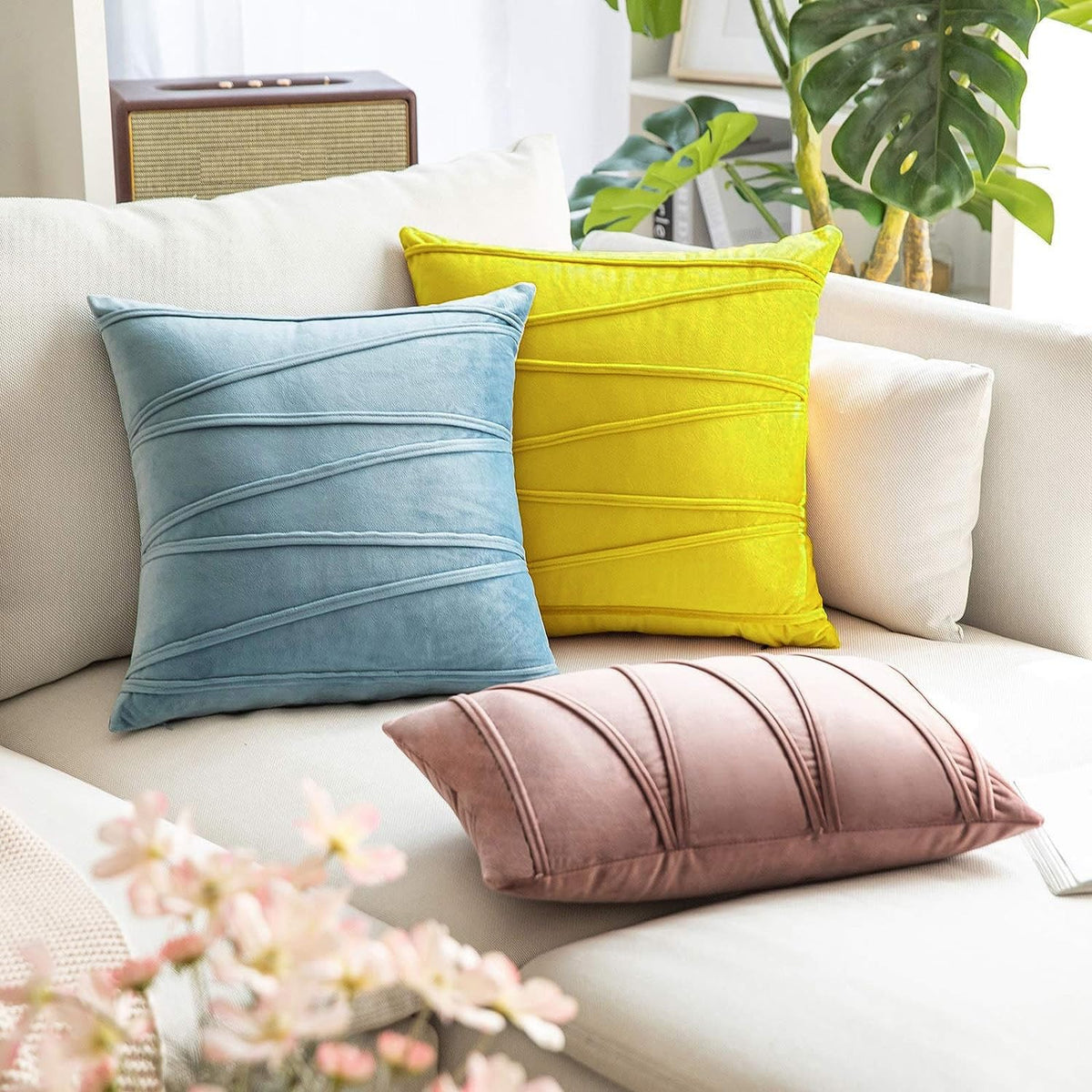 Khooti Velvet Striped Cushion Cover Pack of 1-22X22/55.88X55.88 Cm | Lemon Yellow | Soft Pillow Covers Cushion Case for Sofa Bedroom Livingroom Chair Car, Cushion Cover with Zig Zag Pattern