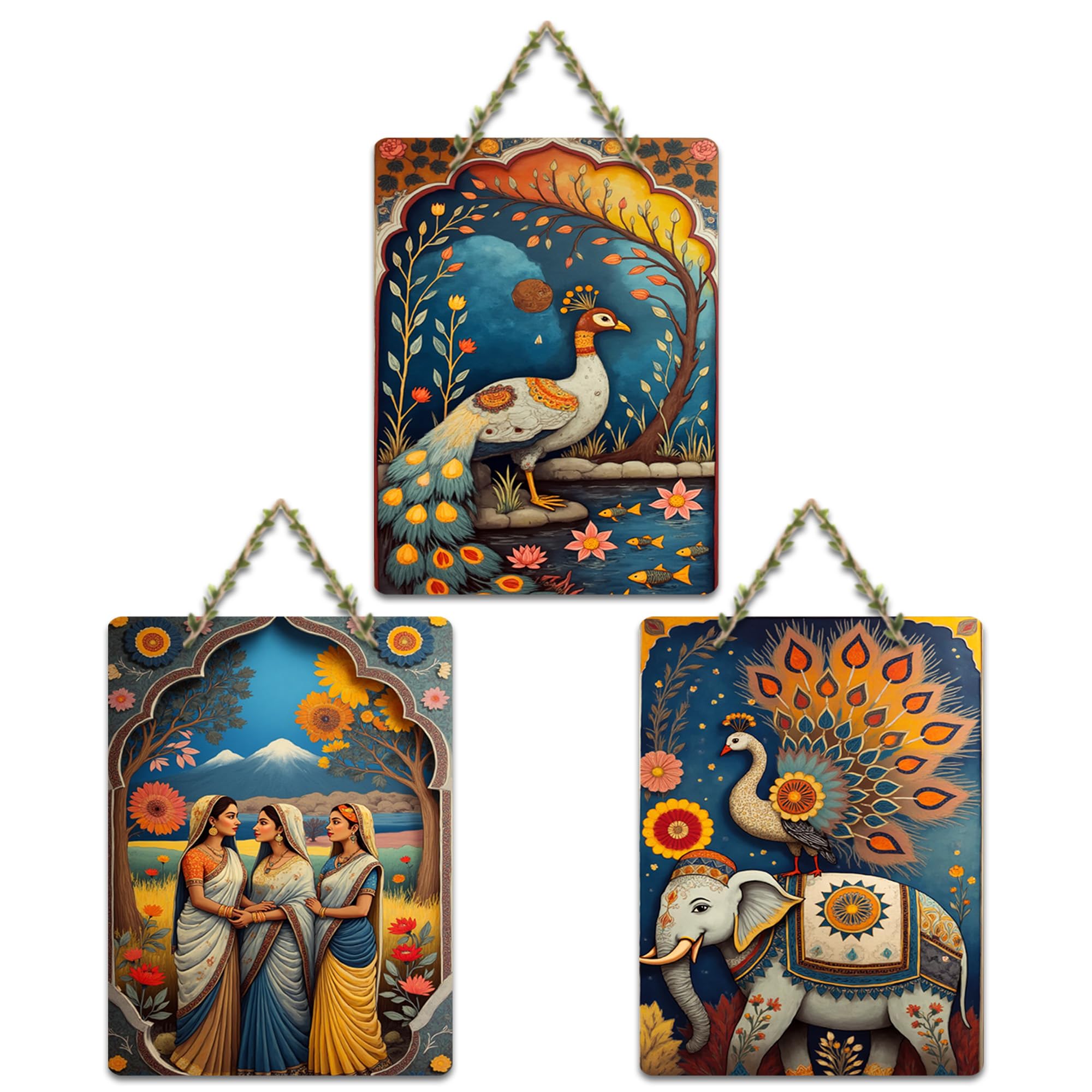Artvibes Traditional Indian Nature Wall Art Hanging Wooden Art Decoration Item for Home | Office | Cafe | Graphic Artwork | Wall Art Print | Sceneries | Unique Gift Items (WH_96108N), Set of 3