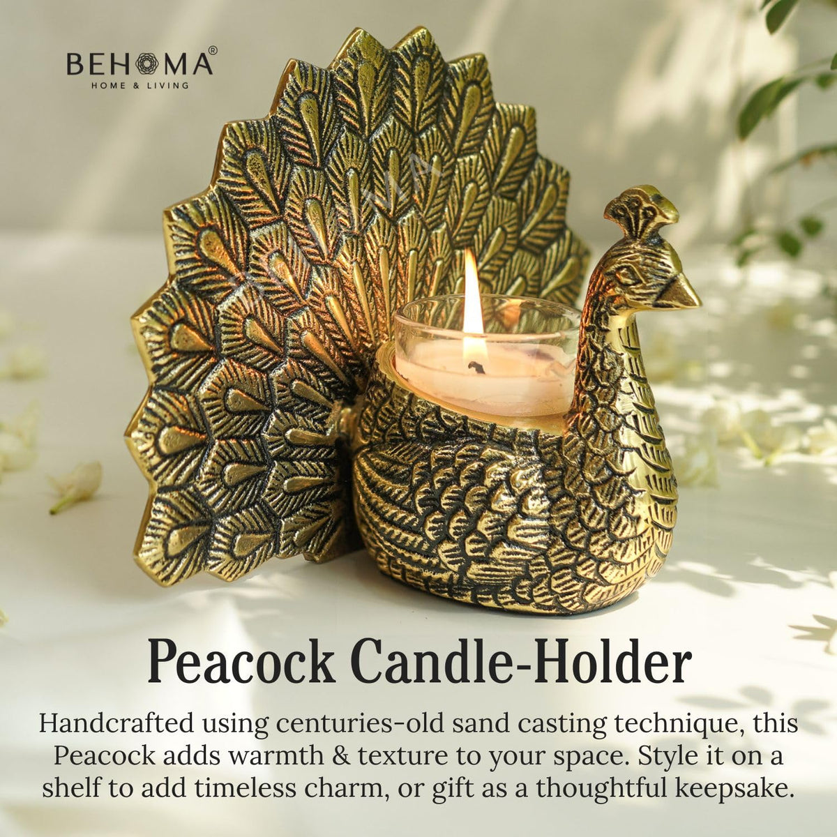 BEHOMA Metal Dancing Peacock with Scented Glass Votive Candle, Golden