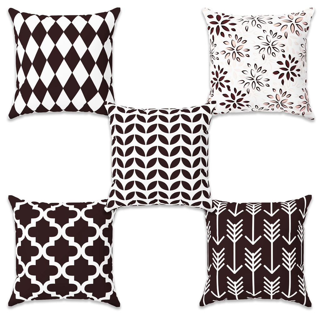 Story@Home Brown & White Geometric Cushion Cover Set of 5 | 16 x 16 Inch | Digital Printed Decorative Pillow Covers | Soft Polyester Cushion Covers for Sofa, Living Room, Bedroom & Home Décor