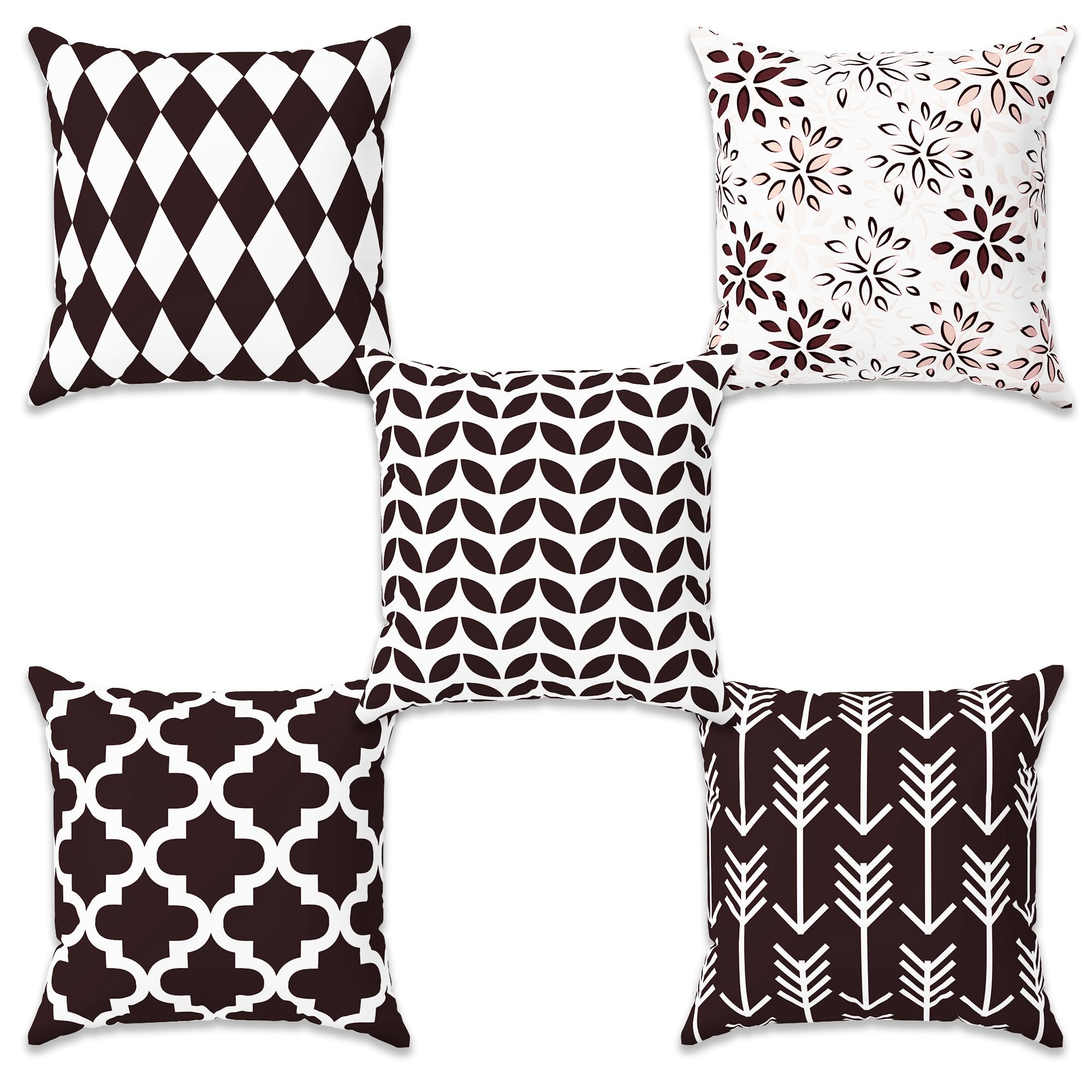 Story@Home Brown & White Geometric Cushion Cover Set of 5 | 16 x 16 Inch | Digital Printed Decorative Pillow Covers | Soft Polyester Cushion Covers for Sofa, Living Room, Bedroom & Home Décor
