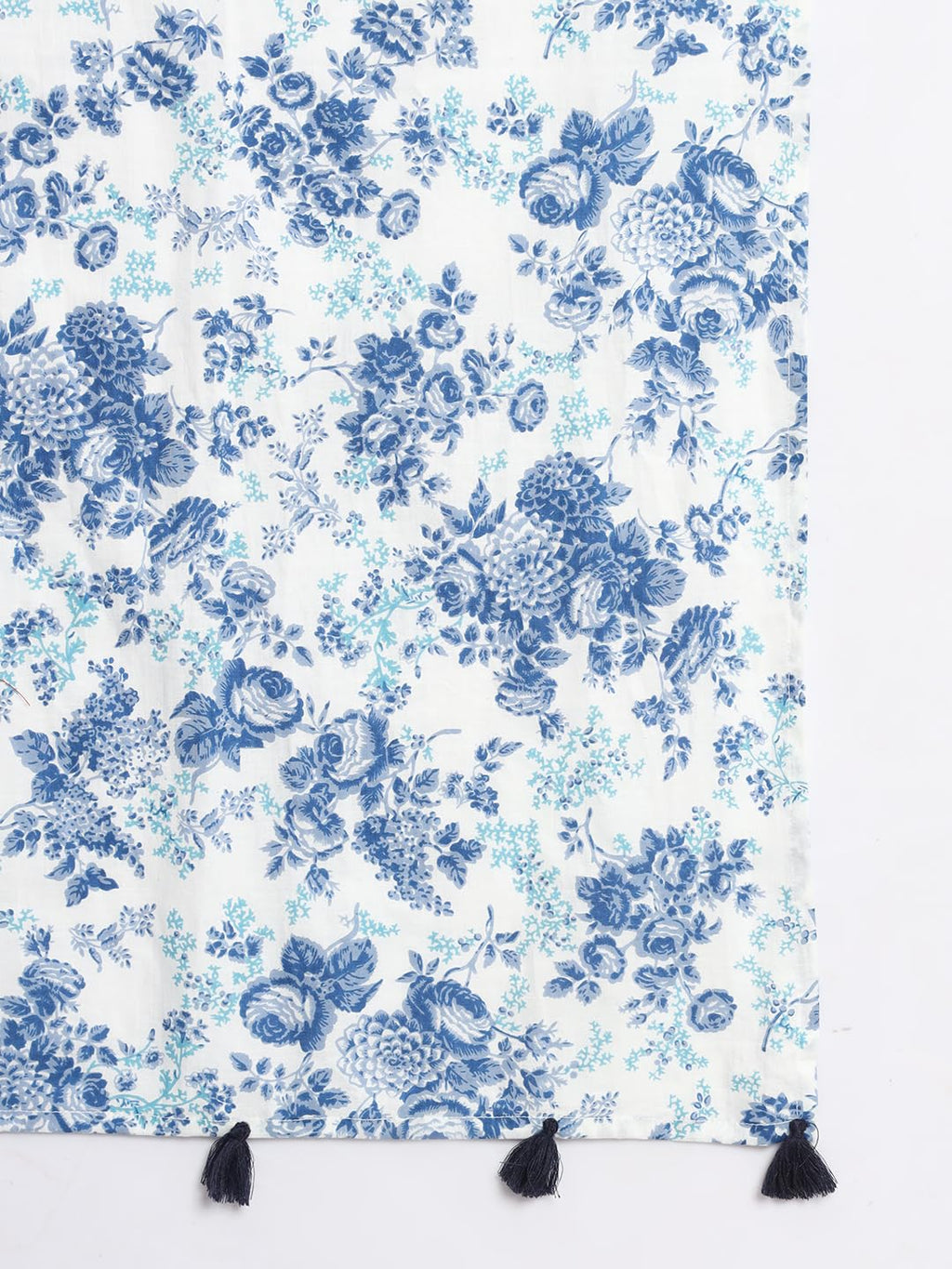 Ravaiyaa - Attitude is everything Women White & Blue Hand Block Floral Printed Cotton Tasseled Scarf 71 X 21 Inch