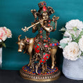 Artvarko Brass Krishna with Cow Playing Flute Idol Statue Krishan Ji Murti Temple Puja Office Home Décor Showpiece Gift 10 Inch.