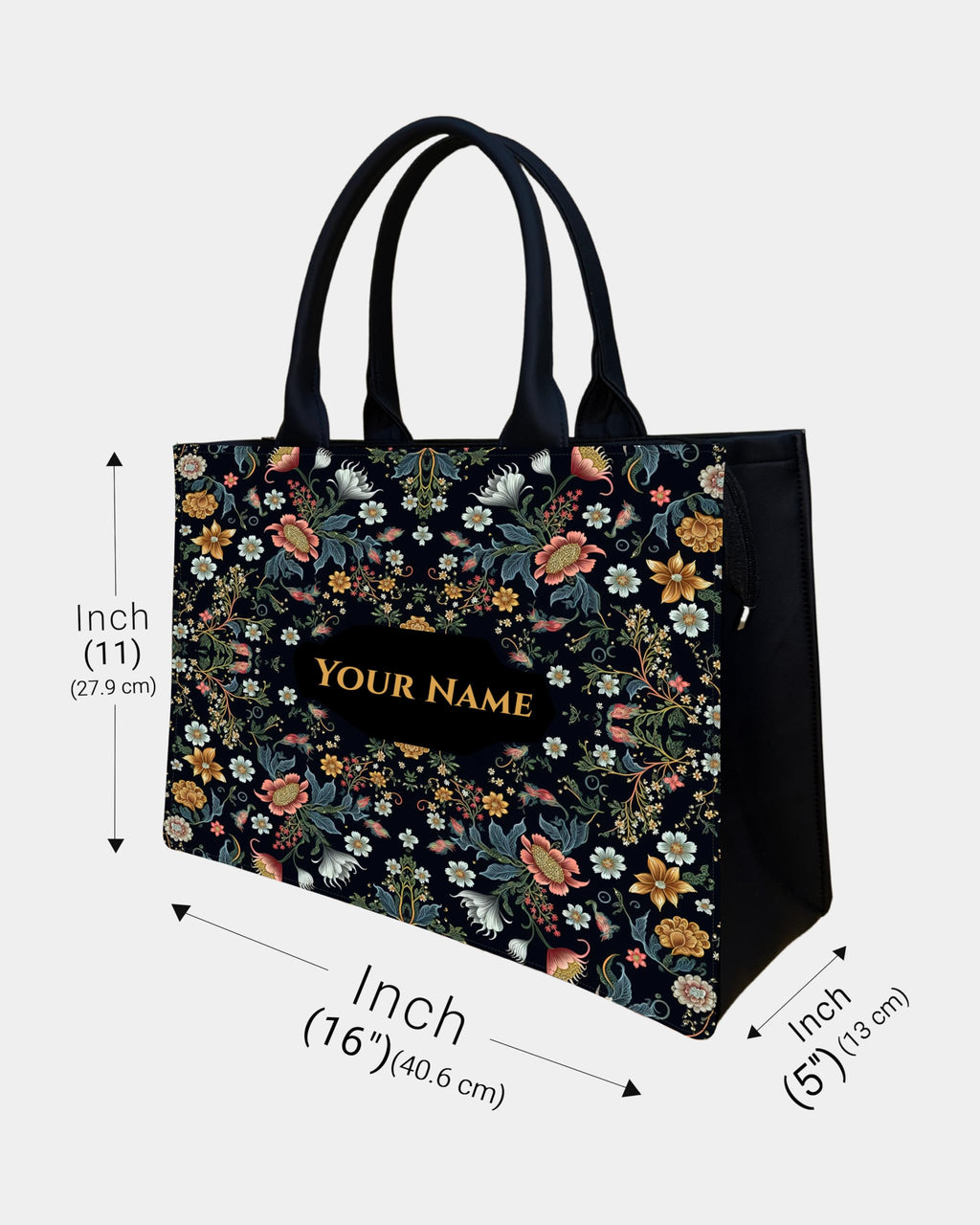 Royal Charm Voguish Customized Tote Bag | HD Printed Floral Black Tote | Personalized Name Tote | Large 16x11x5 Inch Shoulder Bag | Gift for Women