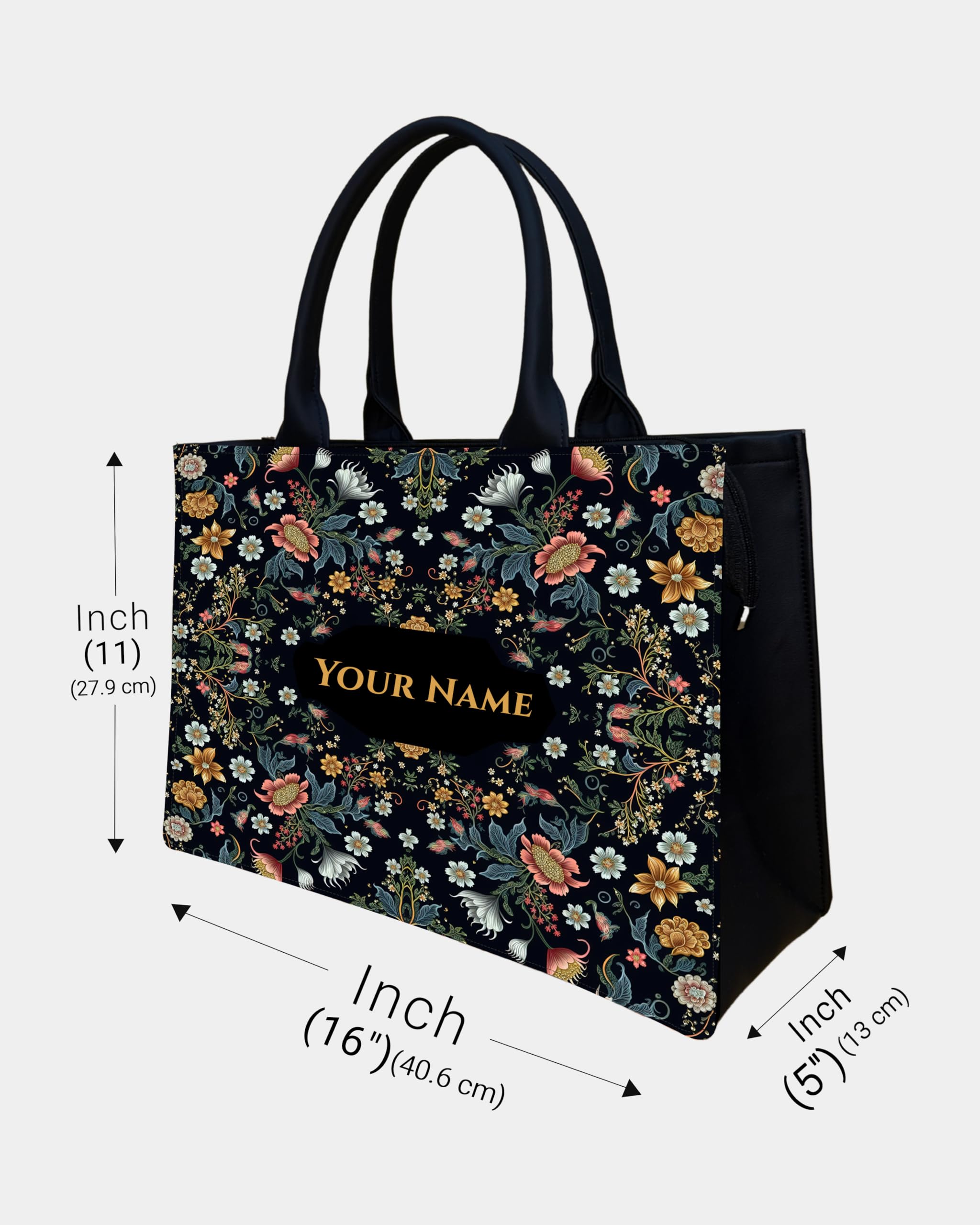 Royal Charm Voguish Customized Tote Bag | HD Printed Floral Black Tote | Personalized Name Tote | Large 16x11x5 Inch Shoulder Bag | Gift for Women