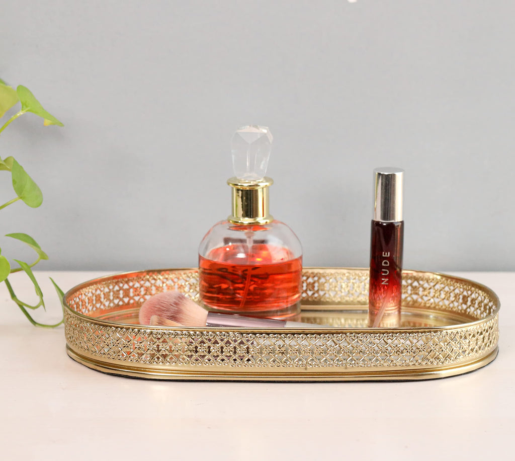 Craft Brio -A TRENDY HANDICRAFTS Oval Glass Mirror Gold Plated Tray Decorative Vanity Perfume Storage Pooja Wedding Diwali Gifting Trays (28 X 16 cm)