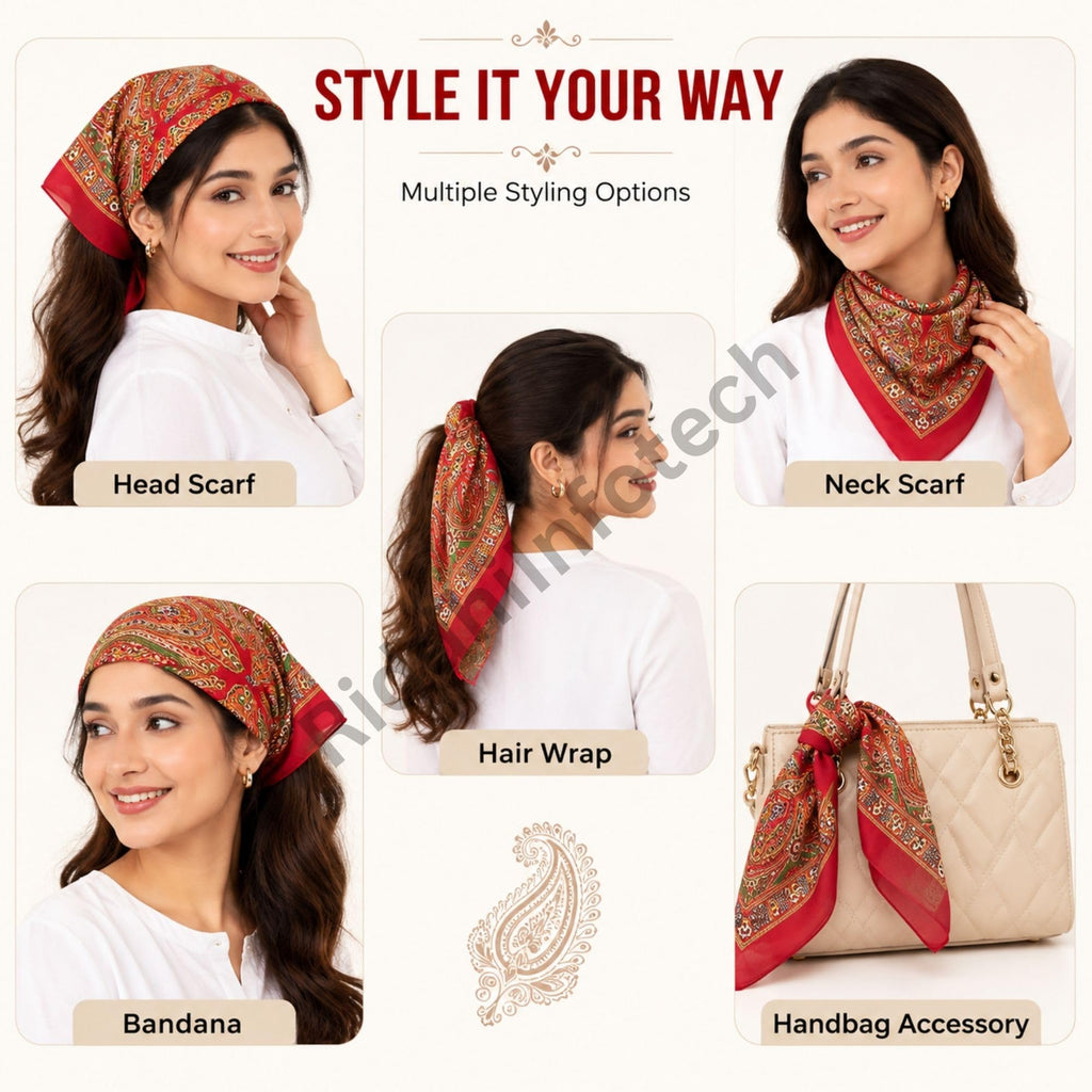 RiddhiInfotech Uttarakhand Pahadi Printed Square Scarf for Women | 26 x 26 Inch Traditional Head Scarf | Vintage Hair Wrap, Bandana, Neck Scarf & Stylish Fashion Accessory | Multicolour