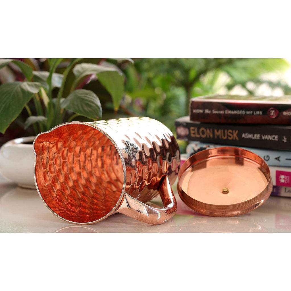 Indian Art Villa Diamond Design Copper Jug Pitcher with Brass Knob, Storage & Serving Water, Yoga Ayurveda Healing, Volume- 2000 ML