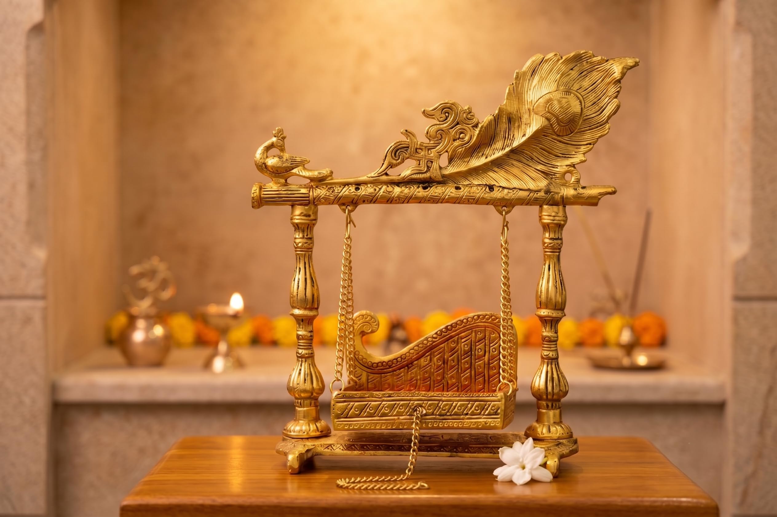 KridayKraft Aluminium Pankhi Jhula for Laddu Gopal | Gold Plated Krishna Palna for Home Mandir & Temple Decor | Religious Showpiece.