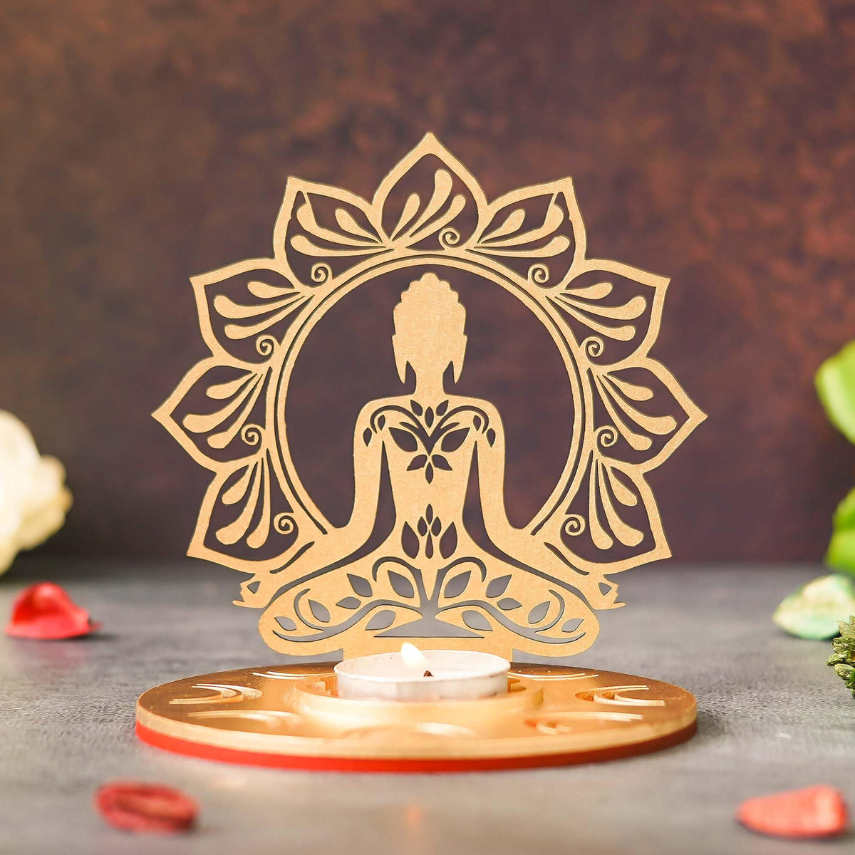 eCraftIndia Red and Golden MDF Wooden Lord Buddha Lotus Shadow Decorative Tea Light Candle Holder, Diya Stand for Home Decoration | Buddha Purnima, Diwali Decoration Item | Diwali Gift for Festival