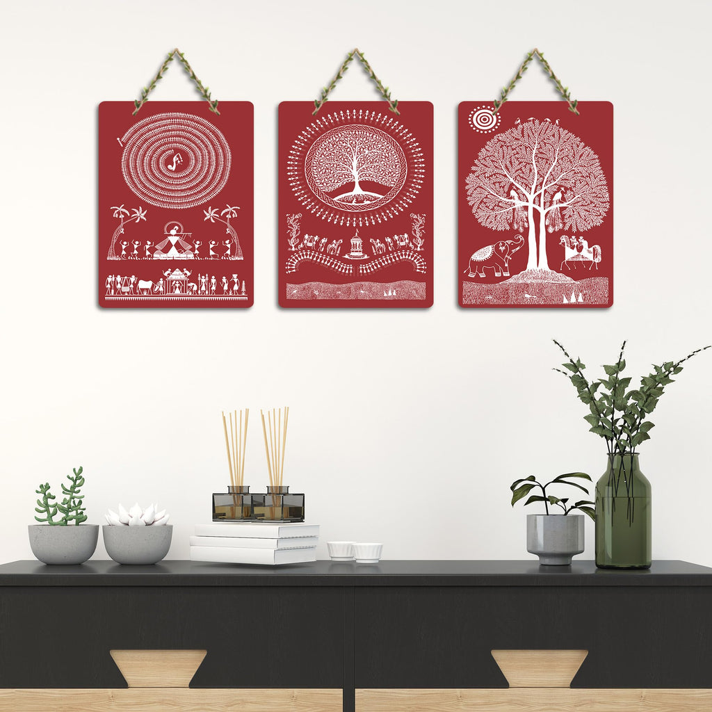 Artvibes Tribal Warli Art Decor Decorative MDF Wooden Wall Art for Home | Living Room | Office | Wall Art Painting For Hall | Graphic Artwork | Wall Art Print | Ideal Gifts (WH_96157N), Set of 3