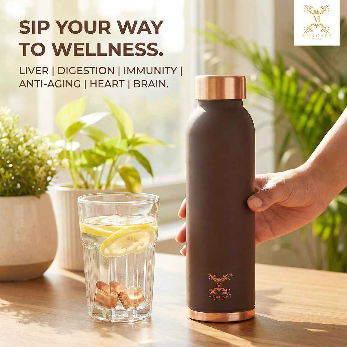 MERCAPE Pure Copper Color Water Bottle 950 ml | Matte Finish Reusable Metal Bottle with Leak-Resistant Cap | Suitable for Home, Office & Travel (Matte Brown)