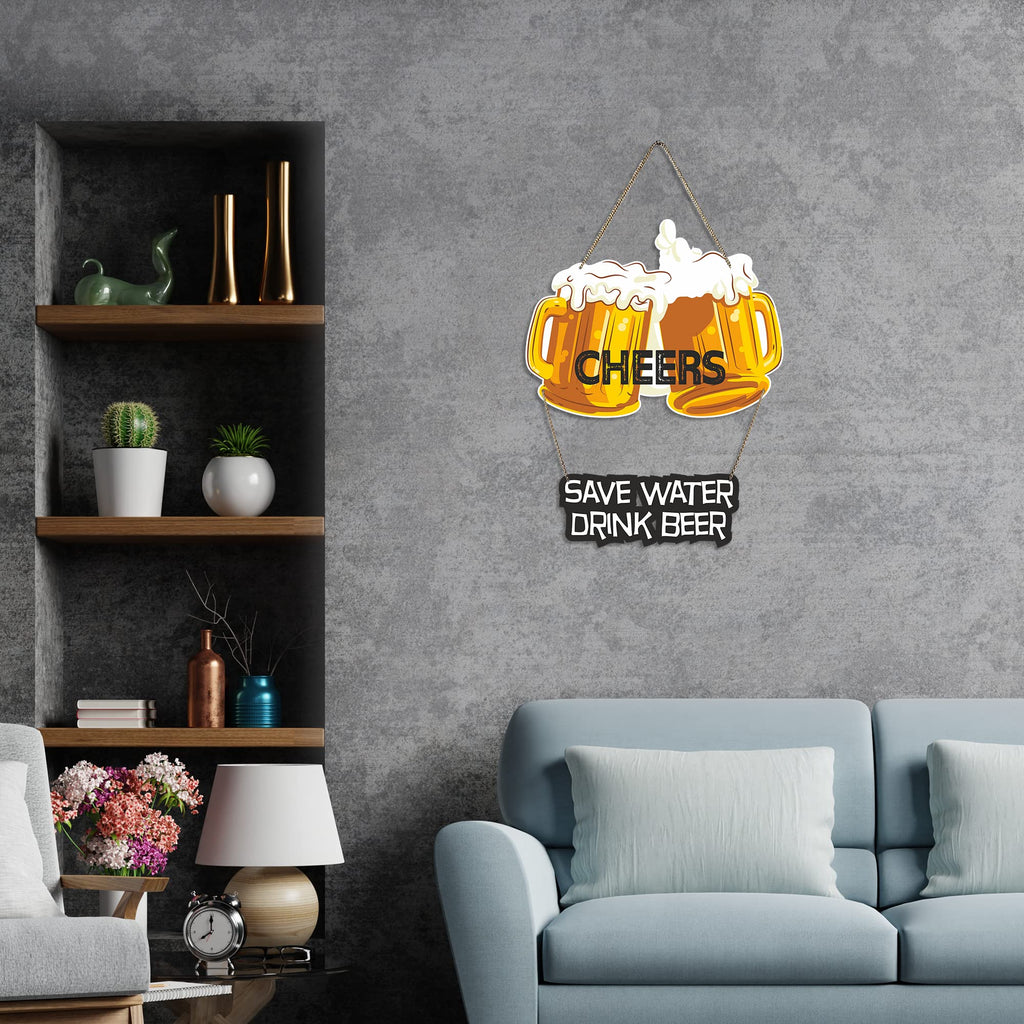 Artvibes Cheers Save Water Printed Wooden Wall Hanging for Cafe | Bar | Restaurant | Quotes Decor Item | Printed Wall Decoration | Wall Poster | Graphic Art | Unique Gift | Cafe Decor (WH_5704N)