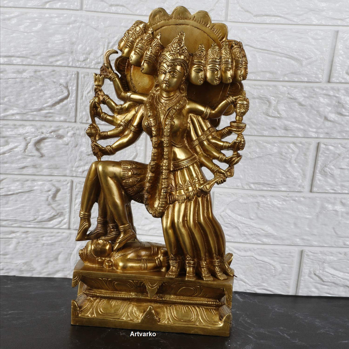 ARTVARKO Brass Kali Maa Murti | Maha Kali | Ten Faces Mahakali | Ten Legs Kalika Maa Brass Statue Sculpture Idol Murti Decor Height 13.5