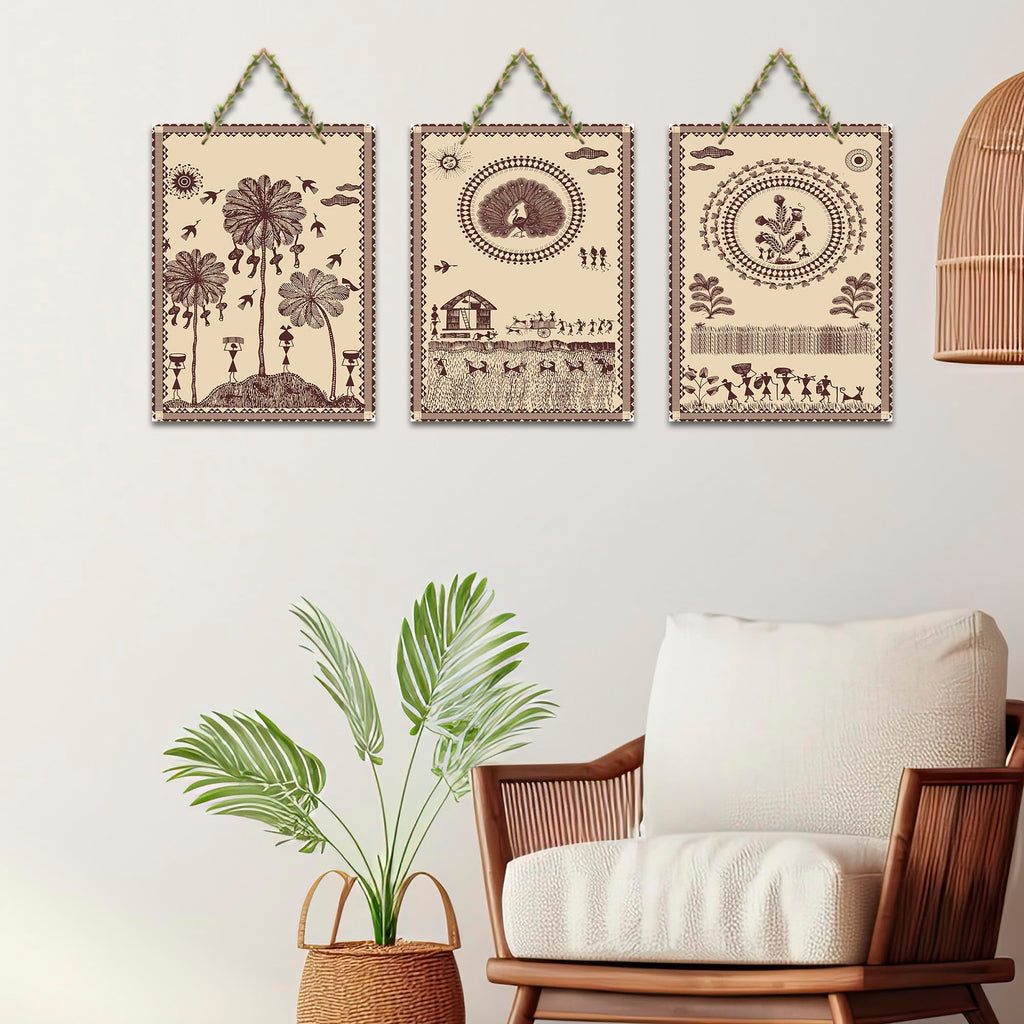 Artvibes Warli Village Life Home Decorative Wall Art MDF Wooden Wall Hanger for Living Room | Art For Wall | Wall Sculpture | Signs & Plaques | Aesthetic Wooden Decor | Gift Items (WH_9626N), Set of 3