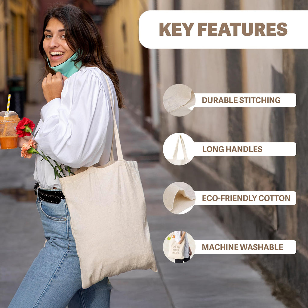 Metsi Reusable Canvas Cotton Tote Bag, 15x16, 11 Drop Handle, 100% Natural Cotton Tote Bag, Eco-Friendly, Durable, Washable Cloth Tote for Shopping, Book, Travel & Everyday Use, Pack of 10